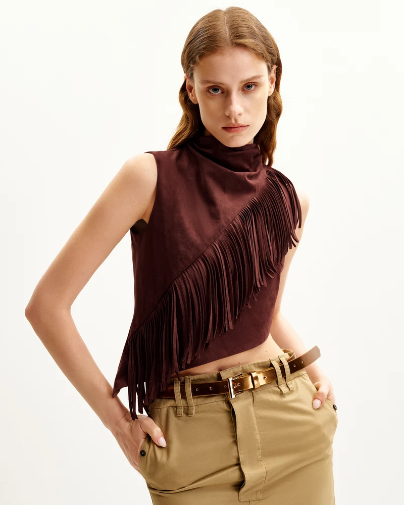 Adeline Asymmetrisches Fransen-Suede-Top - Burgunderrot