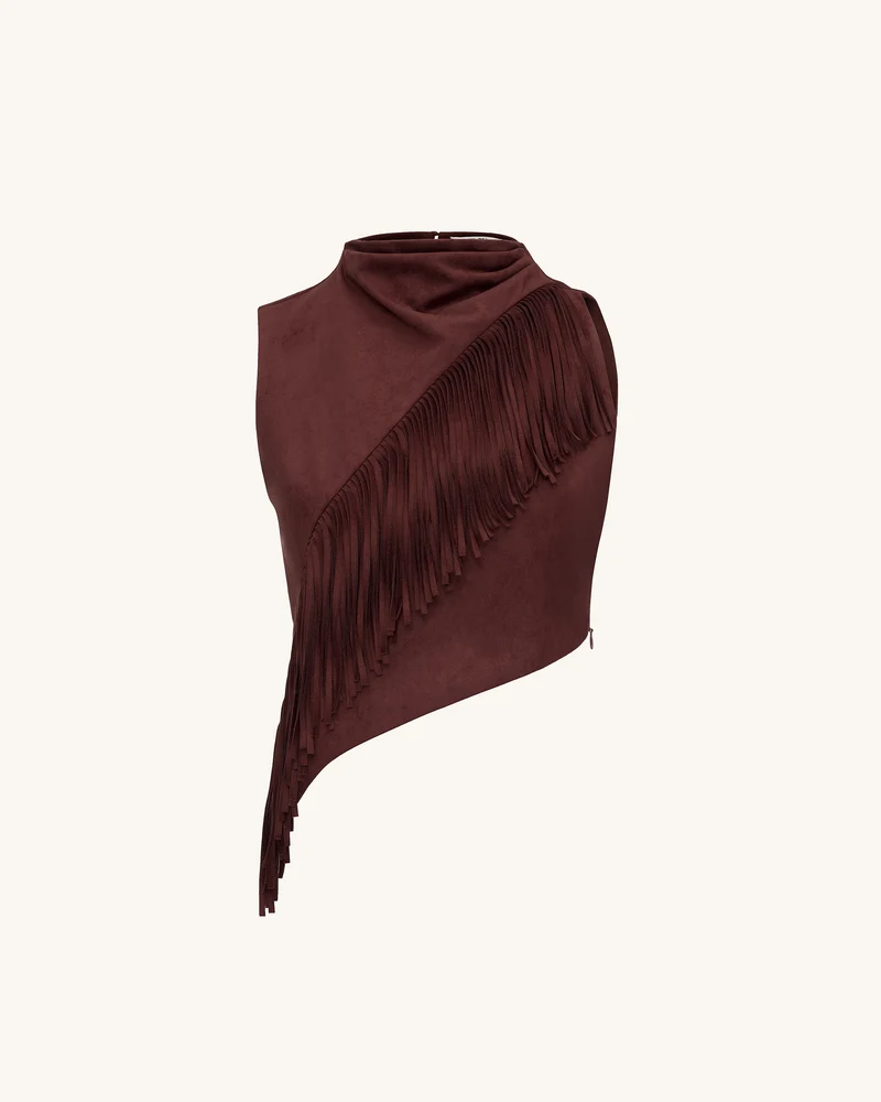 Adeline Asymmetrisches Fransen-Suede-Top - Burgunderrot