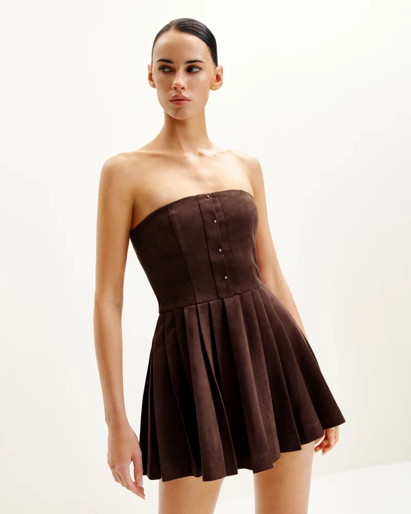Ellie Plissiertes Samtkleid - Schokoladenbraun