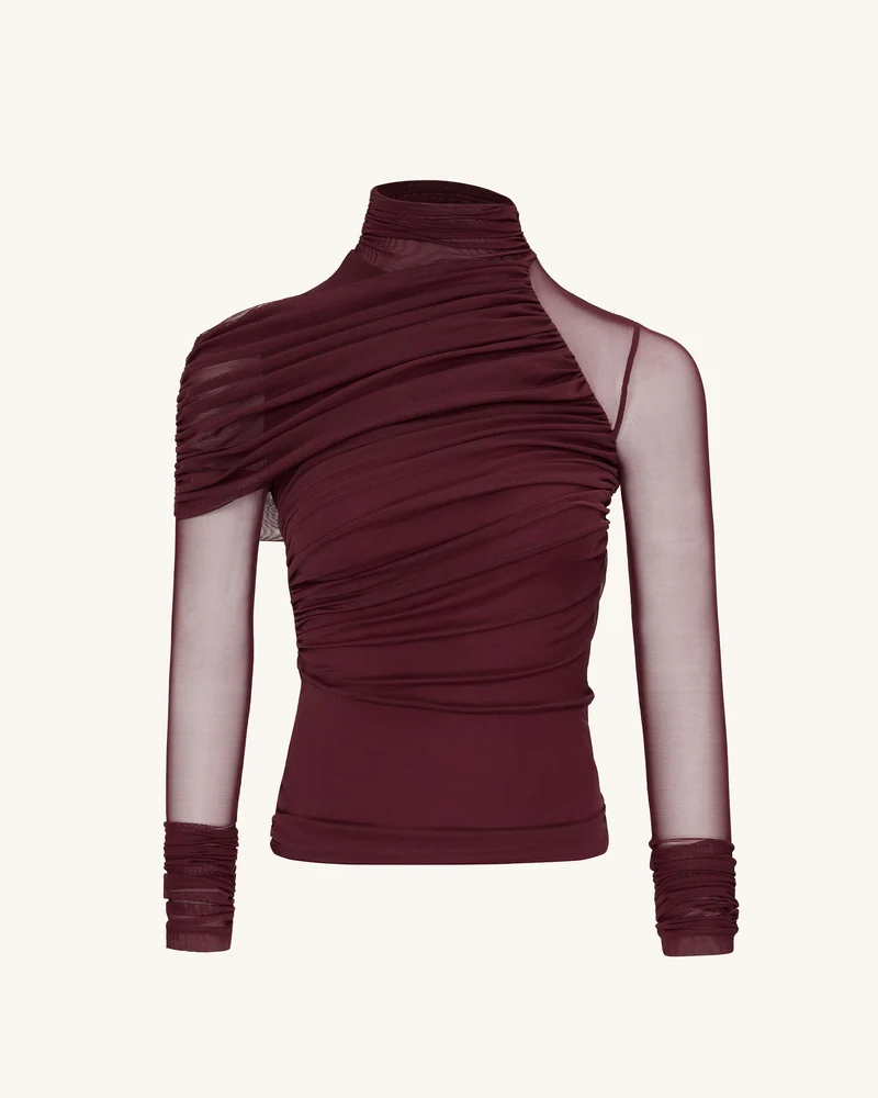 Ella Durchsichtiges Rüschen-Turtleneck-Top - Burgunderrot