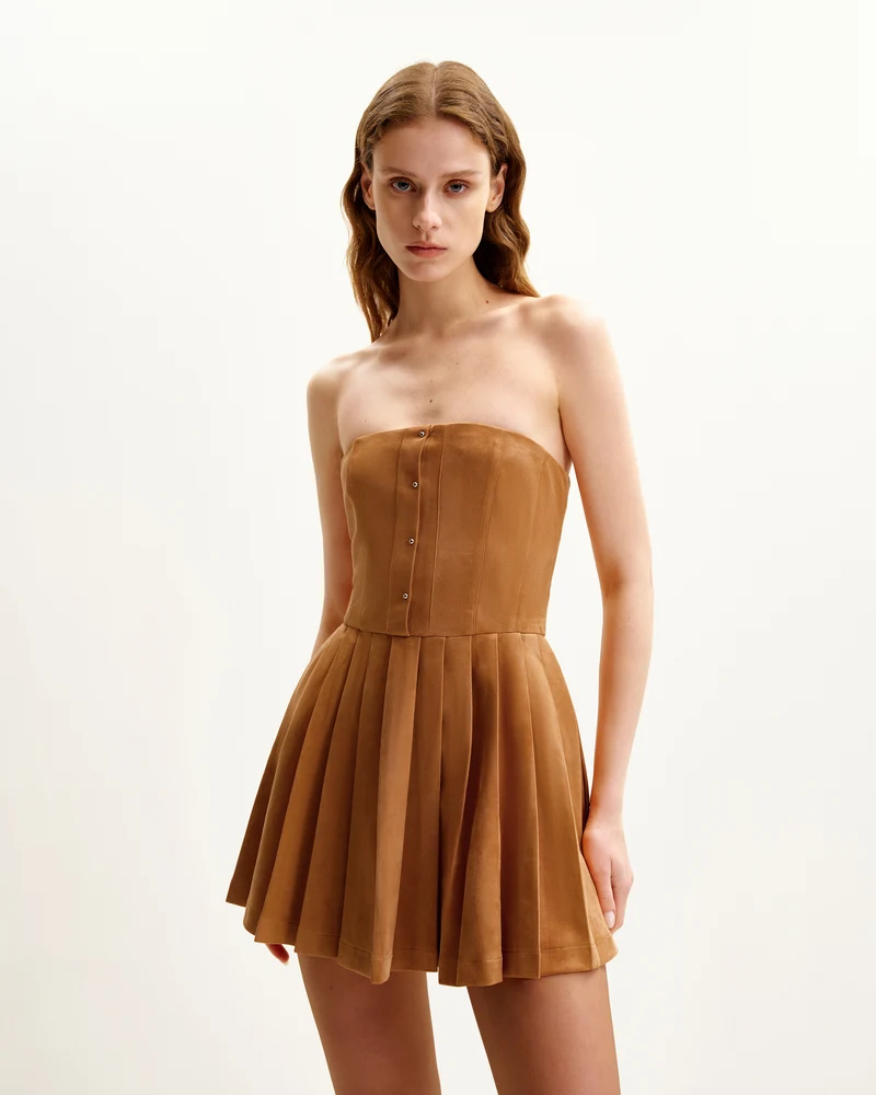 Ellie Plissiertes Samtkleid - Karamell