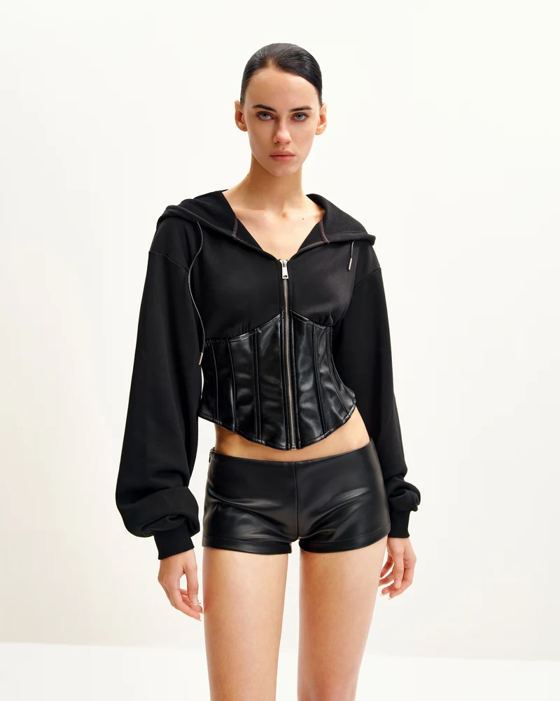 Valentina Strukturierter Korsett-Hoodie - Schwarz