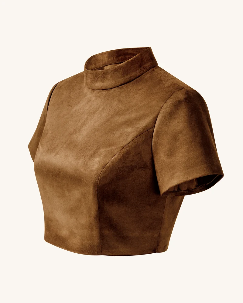 Grace Zweiteiliges Set aus Kunstwildleder - Crop-Top und Minirock - Camel