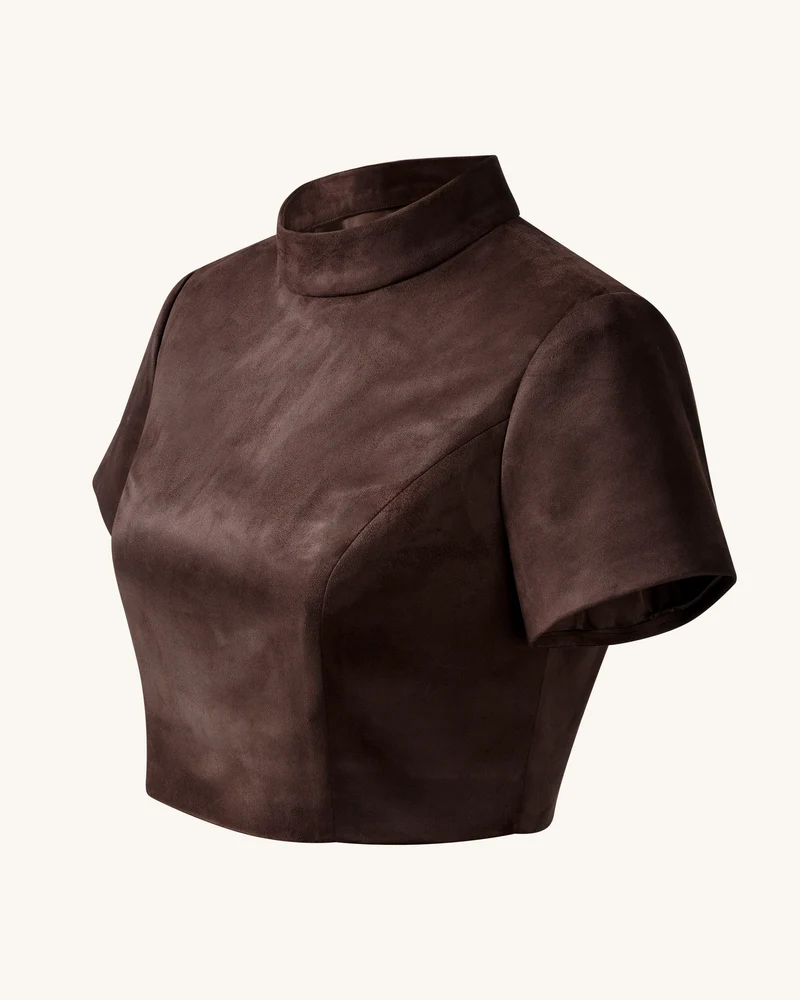 Grace Zweiteiliges Set aus Kunstwildleder - Crop-Top und Minirock - Schokoladenbraun