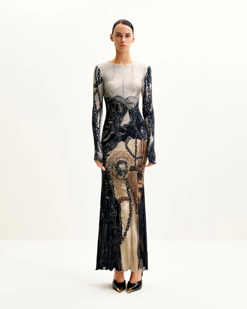 Isabella Kleid mit Vintage-Print - Braun & Schwarz