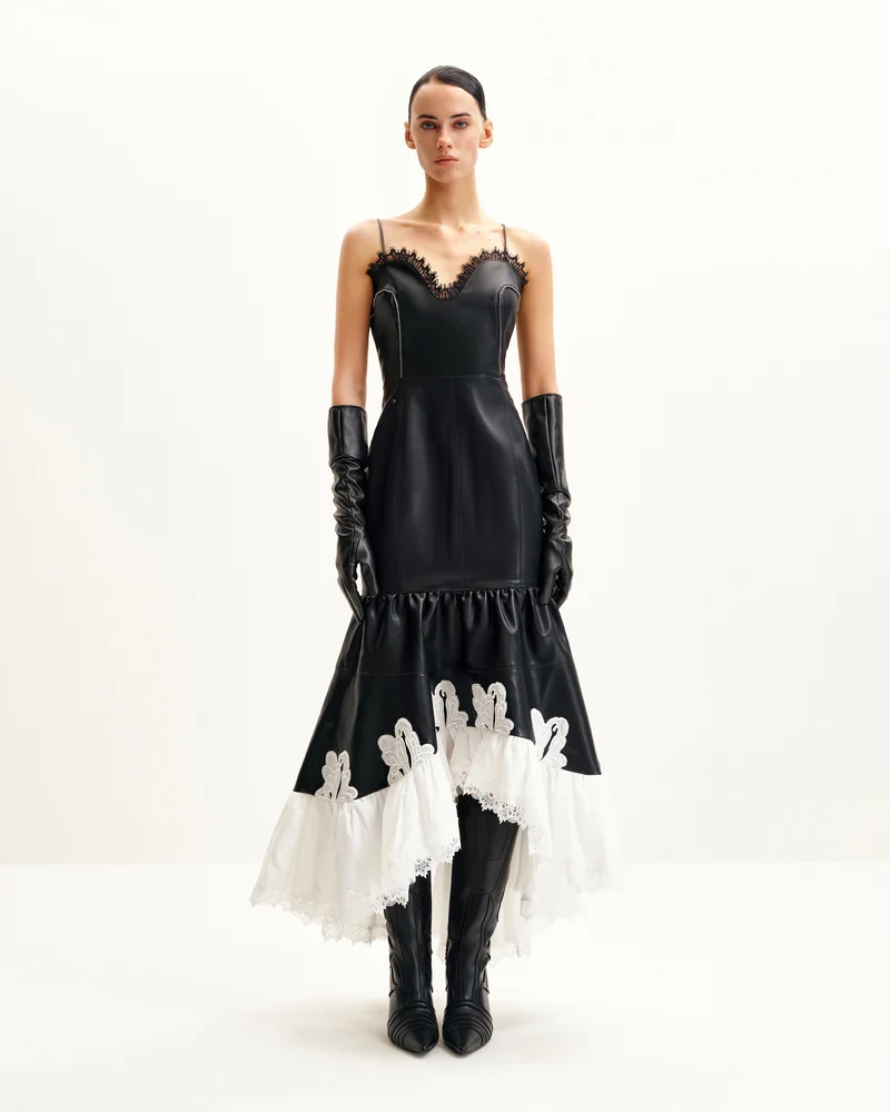 Zora Lederkleid mit Spitzenbesatz - Schwarz