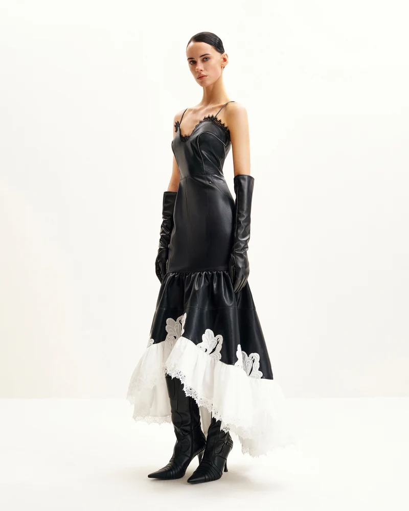 Zora Lederkleid mit Spitzenbesatz - Schwarz