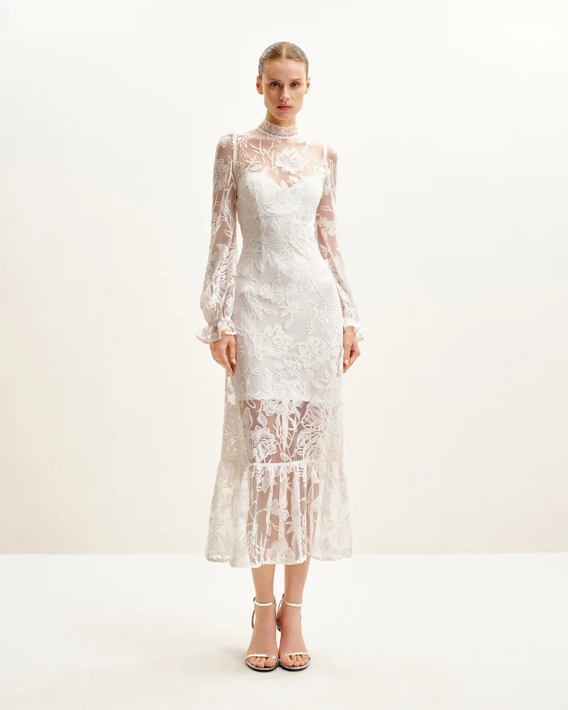 Elegantes Midikleid aus Spitze - Weiß