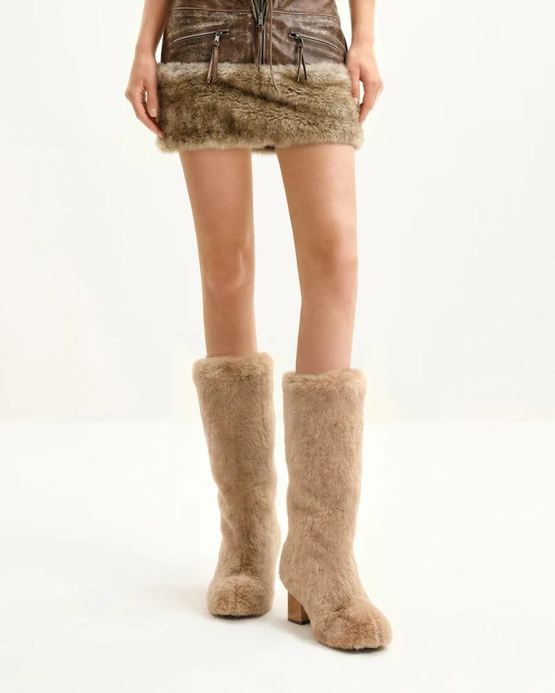 Isabella Slouchy Kunstfellstiefel - Beige