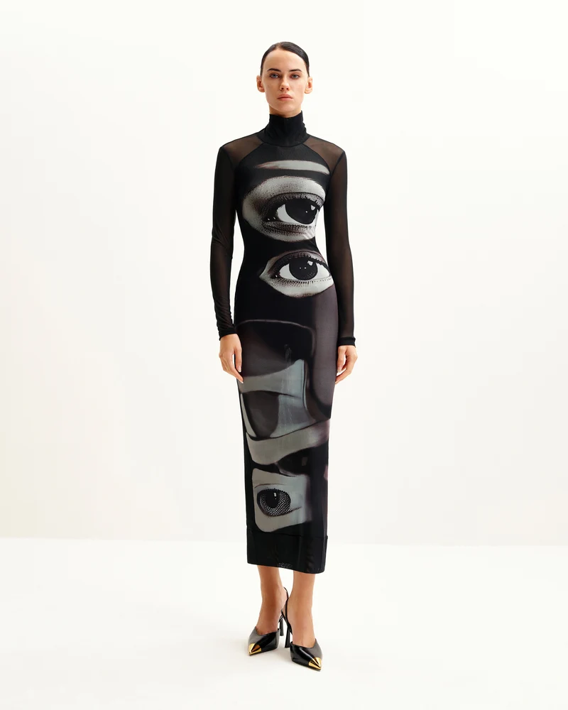 Sophia Kleid mit Augenmuster aus Mesh - Schwarz/Weiß