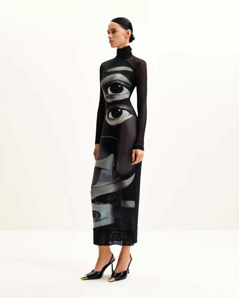 Sophia Kleid mit Augenmuster aus Mesh - Schwarz/Weiß