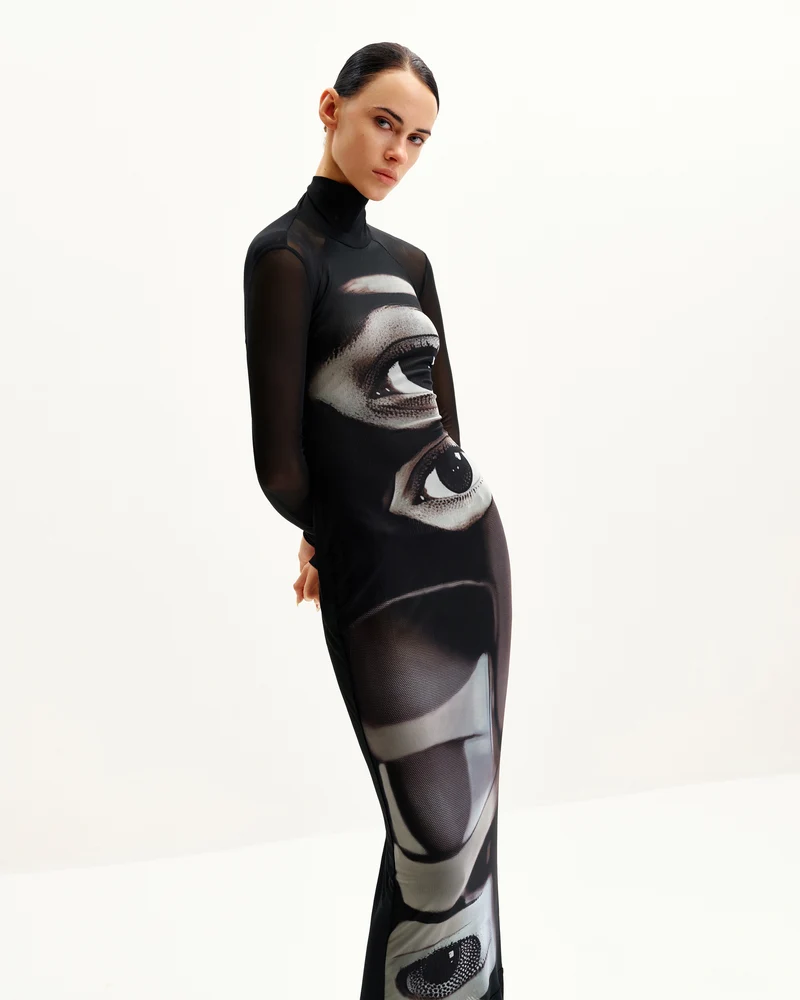 Sophia Kleid mit Augenmuster aus Mesh - Schwarz/Weiß
