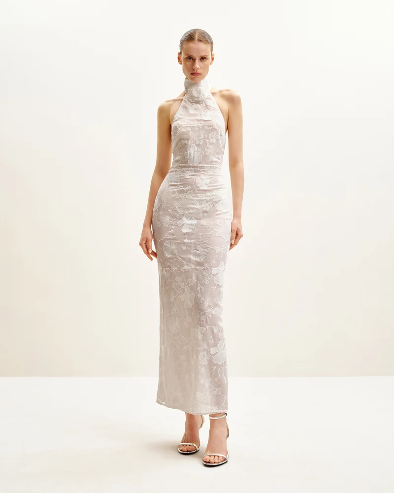 Uliana Weißes Maxikleid mit Blumen-Spitzen und Halterneck - Weiß