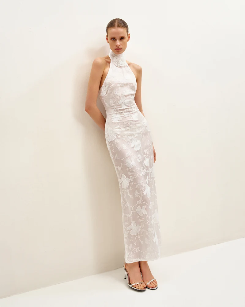 Uliana Weißes Maxikleid mit Blumen-Spitzen und Halterneck - Weiß