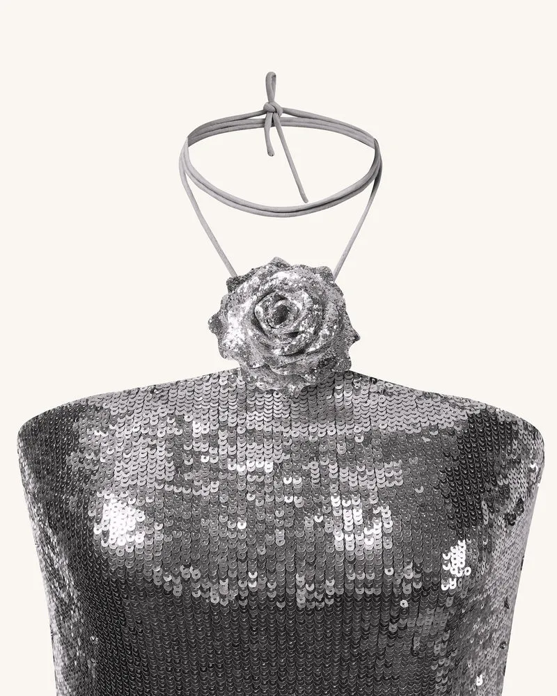 Burgunderrotes Silber Pailletten-Halterneck Minikleid - Silber