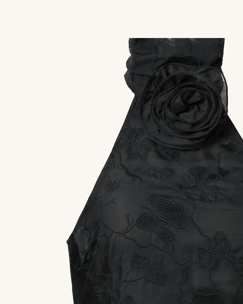 Uliana Schwarzes Maxikleid mit Blumen-Spitzen und Halterneck - Schwarz