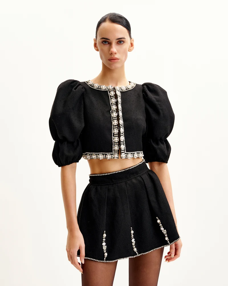 Perlenverzierte Tweed-Set - Schwarz