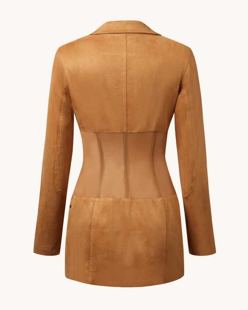 Mini-Kleid mit Korsett-Jacke aus Kunstwildleder - Kamel