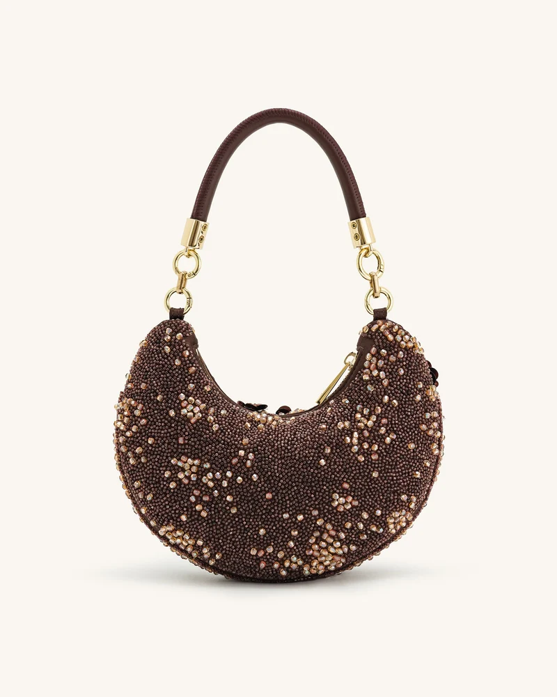 Livia Perlenbestickte Blumen-Hobo-Tasche - Braun