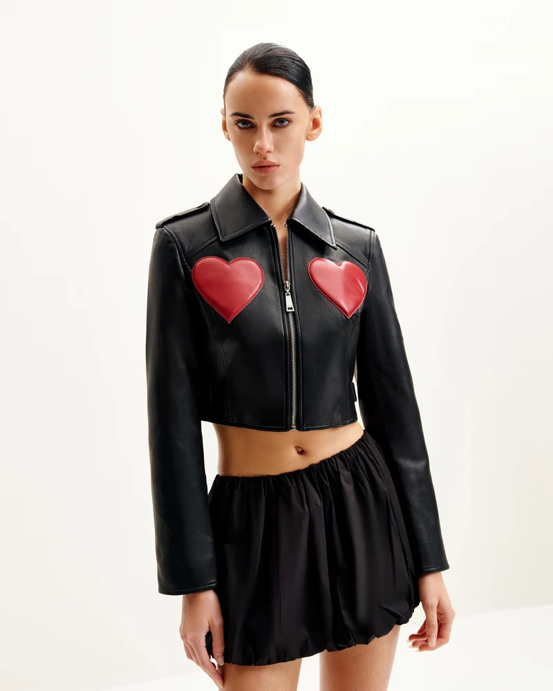 Sophie Kurzgeschnittene Lederjacke - Schwarz & Rot