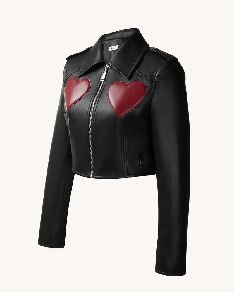 Sophie Kurzgeschnittene Lederjacke - Schwarz & Rot