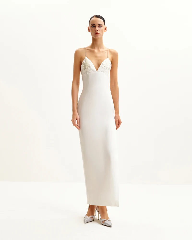Ayliua Silbernes langes Kleid mit Herzausschnitt und Strassverzierung - Weiß