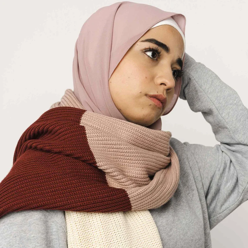 MELA Unisex Rippstrick Schal "KAZIM" - burgunderrot-rose-cream