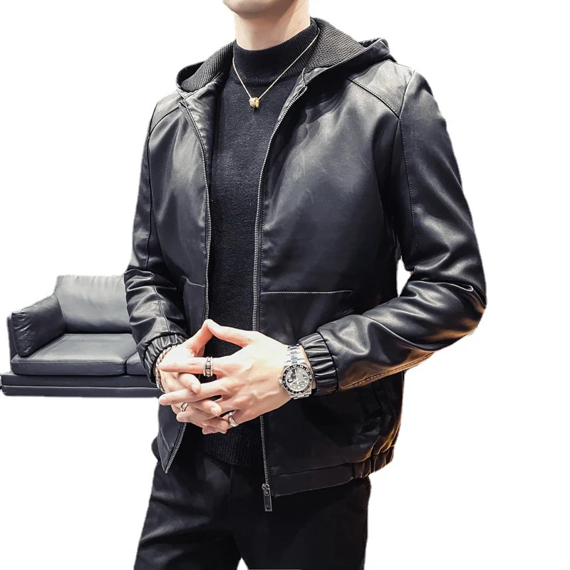 Herren Lederimitat-Kapuzenblouson mit Mesh-Innenkapuze, schmaler Silhouette und durchgehendem Reißverschluss Nord Taschen