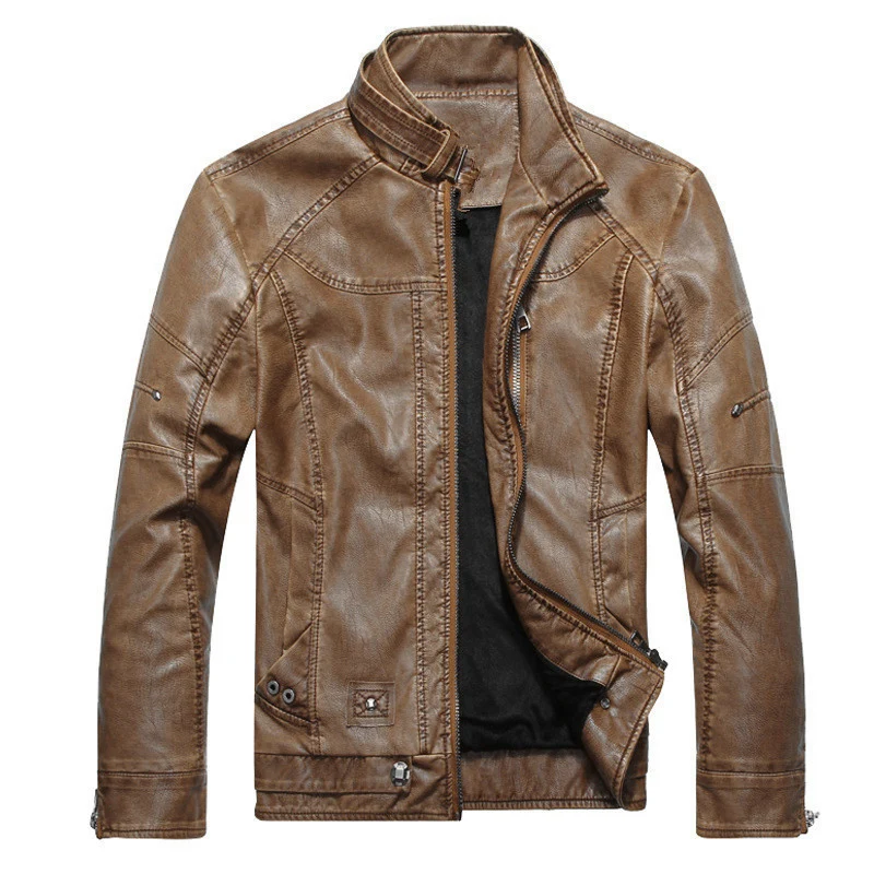 Herren Lederimitat-Bikerjacke im Vintage‑Look mit Stehkragen, Ziernähten und Reißverschluss Nord Taschen
