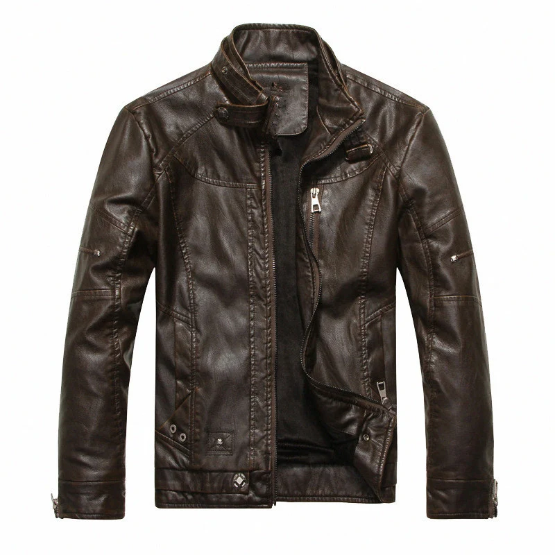 Herren Lederimitat-Bikerjacke im Vintage‑Look mit Stehkragen, Ziernähten und Reißverschluss Nord Taschen