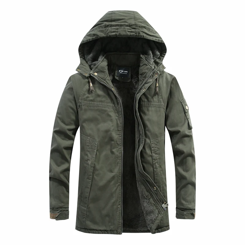 Herren langer Parka mit Teddyfutter, abnehmbarer Kapuze und Utility‑Details Nord Taschen