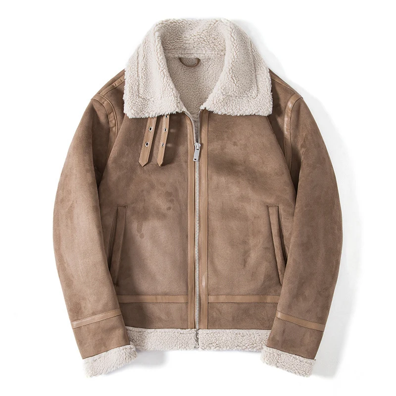 Herren Lammfelloptik Pilotenjacke mit Teddyfutter und Lederbesatz Nord Taschen