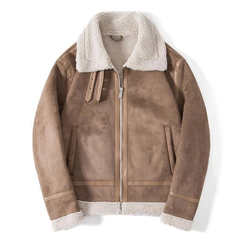 Herren Lammfelloptik Pilotenjacke mit Teddyfutter und Lederbesatz Nord Taschen