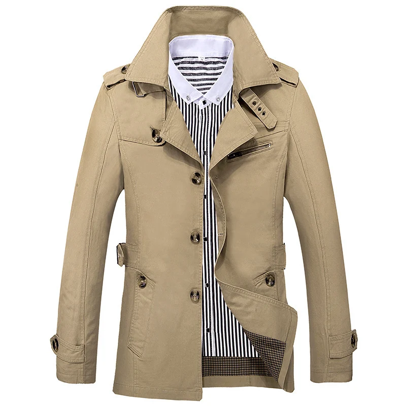 Herren Kurzmantel im Trench‑Stil mit Schulterpatten, Taillenriegel und gestreiftem Innenfutter Nord Taschen
