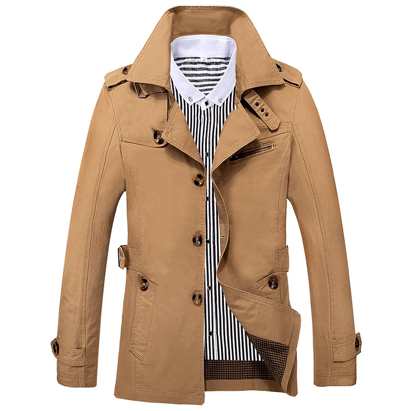 Herren Kurzmantel im Trench‑Stil mit Schulterpatten, Taillenriegel und gestreiftem Innenfutter Nord Taschen
