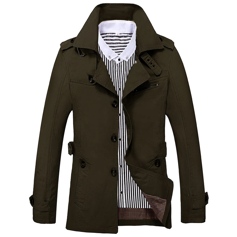 Herren Kurzmantel im Trench‑Stil mit Schulterpatten, Taillenriegel und gestreiftem Innenfutter Nord Taschen