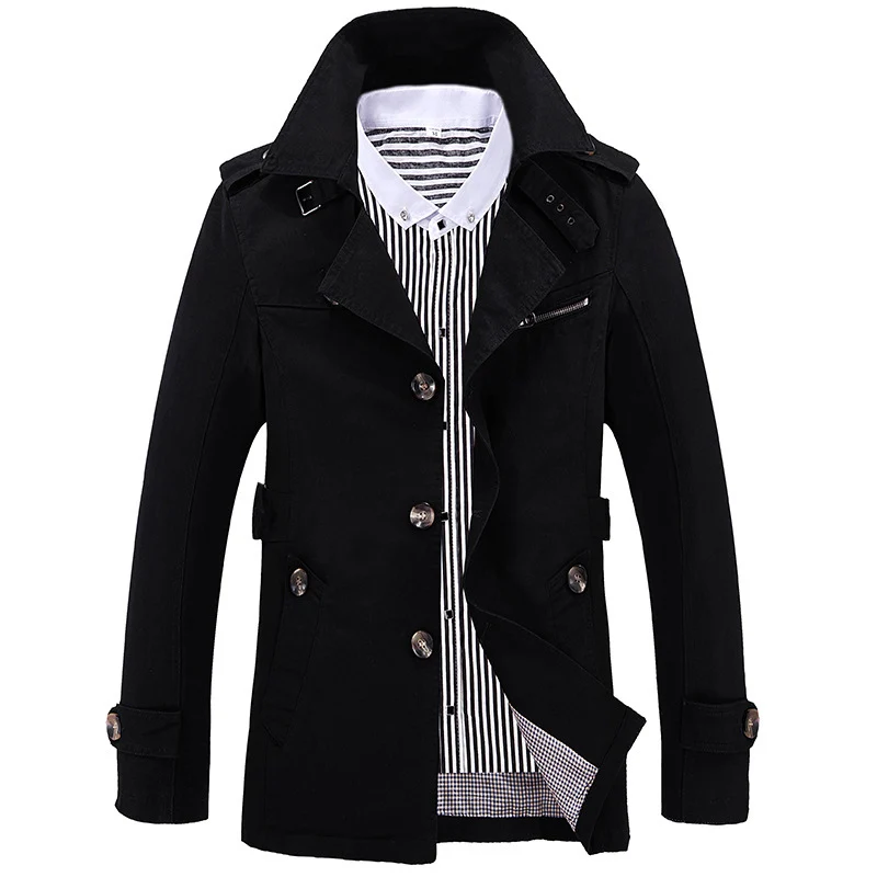 Herren Kurzmantel im Trench‑Stil mit Schulterpatten, Taillenriegel und gestreiftem Innenfutter Nord Taschen