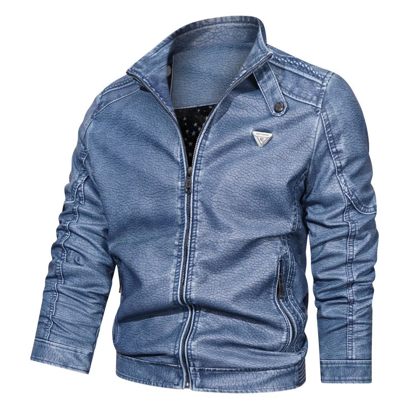 Herren Kunstlederjacke im Vintage-Denim-Look mit gerafften Ärmeln und Stehkragen Nord Taschen