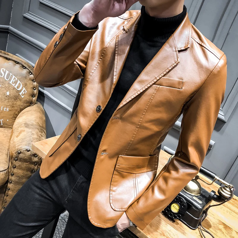 Herren Kunstleder-Sakko im Slim-Fit mit Brustleistentasche und aufgesetzten Pattentaschen Nord Taschen