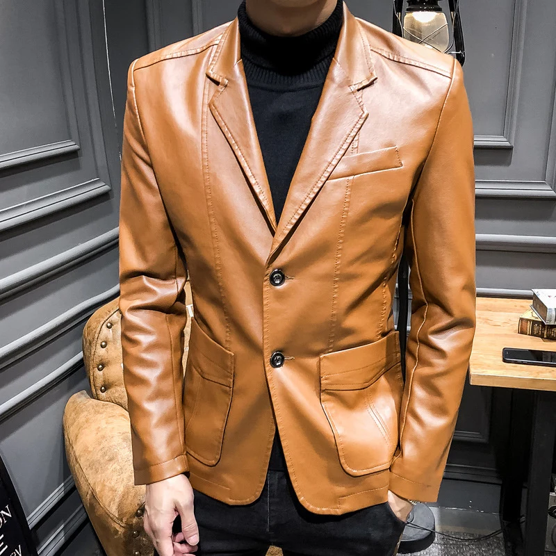 Herren Kunstleder-Sakko im Slim-Fit mit Brustleistentasche und aufgesetzten Pattentaschen Nord Taschen