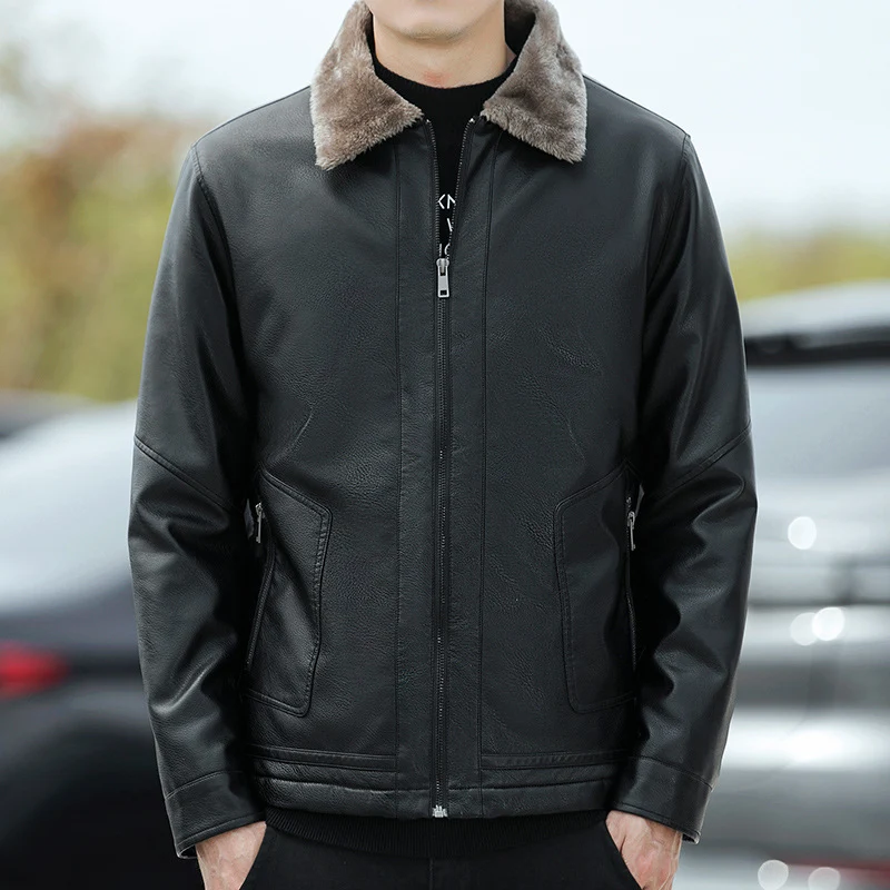 Herren Kunstleder‑Pilotenblouson mit Teddykragen und Reißverschluss Nord Taschen