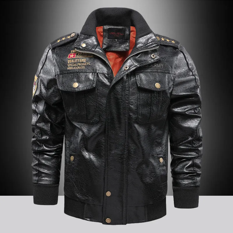Herren Kunstleder-Pilotenblouson im Military-Look mit Schulterpatten, Rippbündchen und Patch-Applikationen Nord Taschen