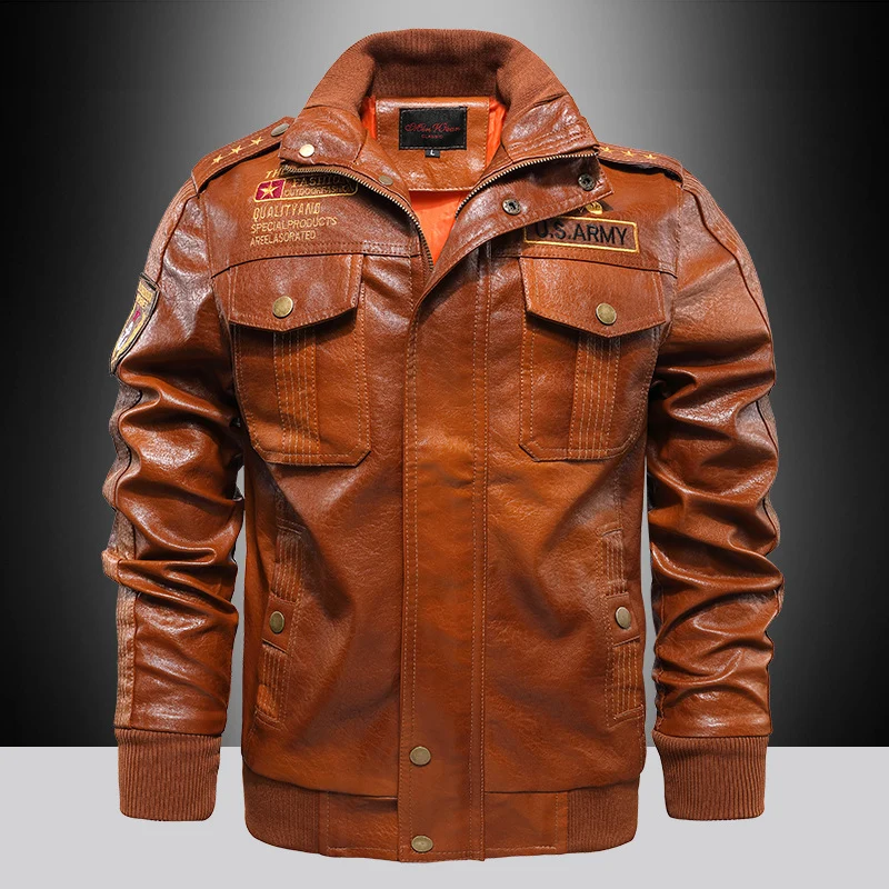 Herren Kunstleder-Pilotenblouson im Military-Look mit Schulterpatten, Rippbündchen und Patch-Applikationen Nord Taschen