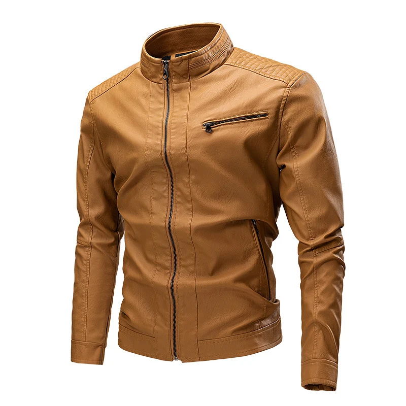 Herren Kunstleder‑Motojacke mit Stehkragen, gesteppter Schulterpasse und schmaler Silhouette Nord Taschen