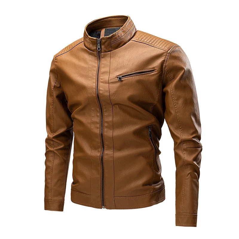 Herren Kunstleder‑Motojacke mit Stehkragen, gesteppter Schulterpasse und schmaler Silhouette Nord Taschen