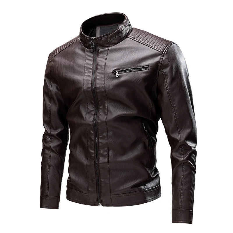 Herren Kunstleder‑Motojacke mit Stehkragen, gesteppter Schulterpasse und schmaler Silhouette Nord Taschen