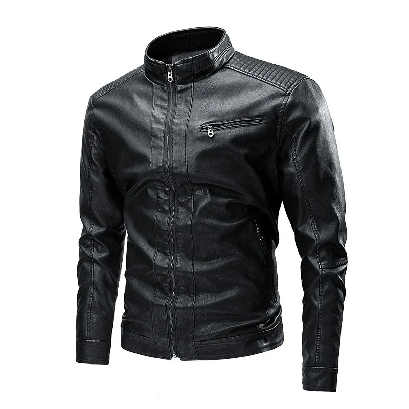 Herren Kunstleder‑Motojacke mit Stehkragen, gesteppter Schulterpasse und schmaler Silhouette Nord Taschen