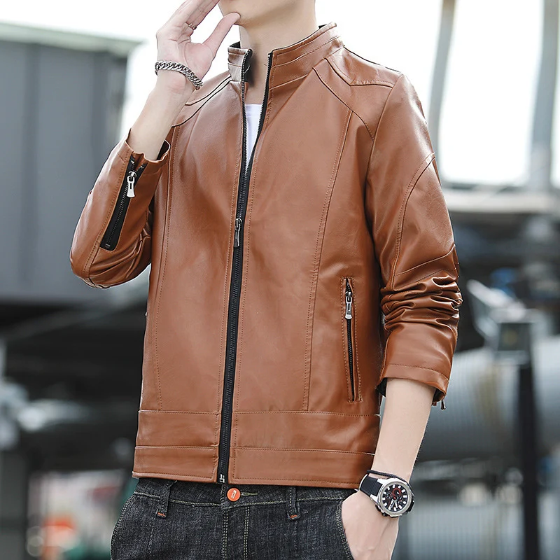 Herren Kunstleder‑Motojacke im Slim-Aviator-Cut mit hohem Stehkragen und Reißverschlussärmeln Nord Taschen