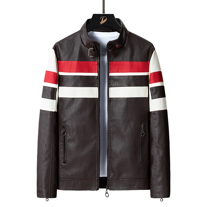 Herren Kunstleder‑Motojacke im Racing‑Stil mit Stehkragen und Zierstreifen Nord Taschen