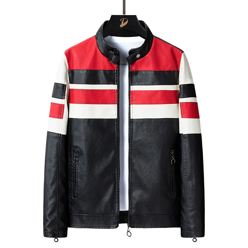 Herren Kunstleder‑Motojacke im Racing‑Stil mit Stehkragen und Zierstreifen Nord Taschen
